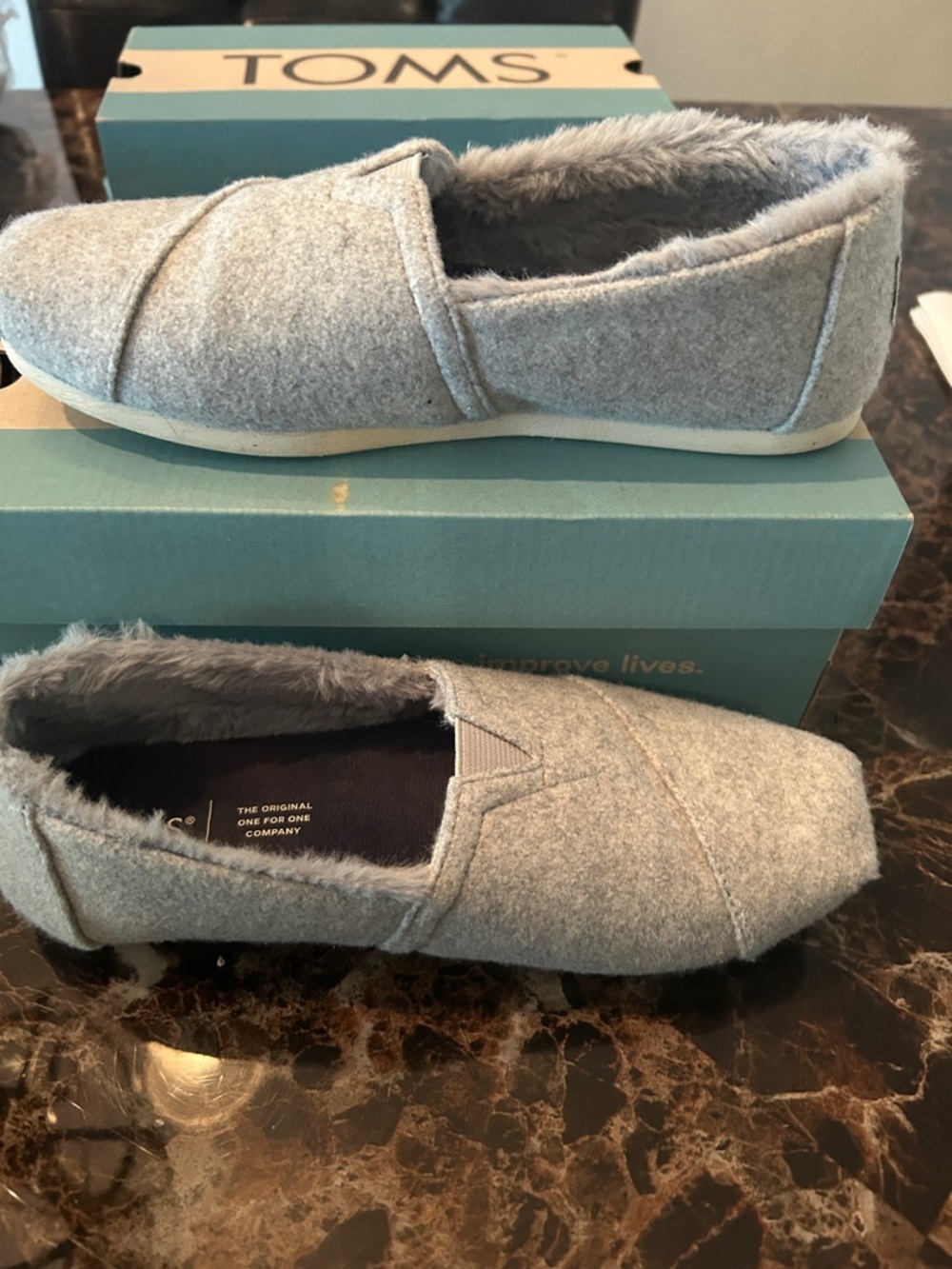 TOMS Light Gray Wool Slip-On Shoes with Faux Fur Collar